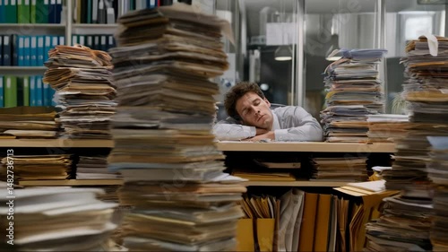 Exhausted office employee sleeps at his desk surrounded by stacks of paperwork, overwhelmed with too much work.