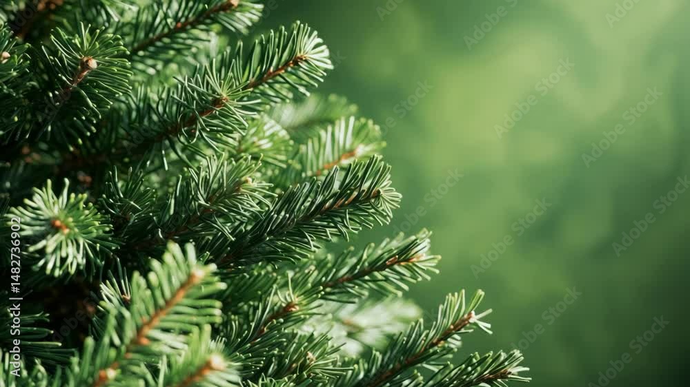Natural fir tree branch texture. Dark green background. Winter decor design for ornaments, cards, and decorations. Festive backdrop.