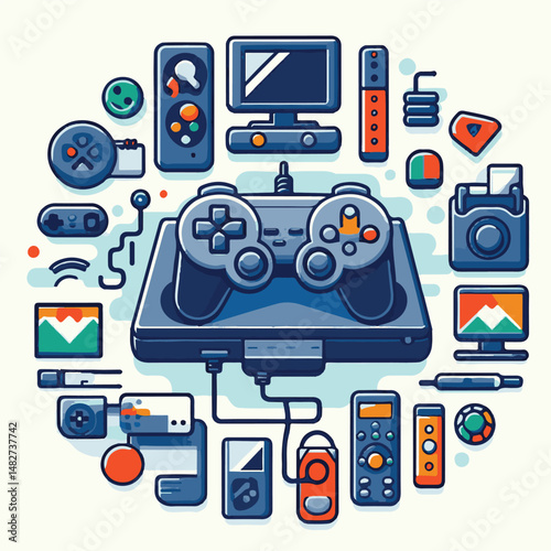 console, gaming, gamepad, joystick, game, entertainment, play, controller, technology, digital, gamer, video, device, control, fun, computer, illustration, vector, design, equipment, retro, joy, graph