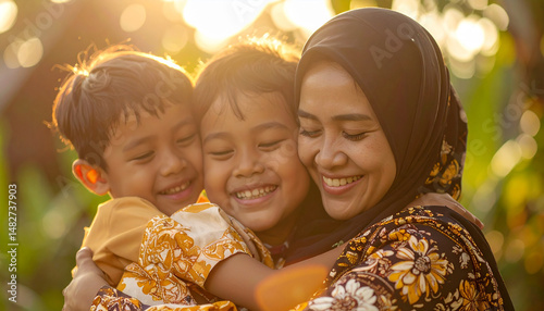 Muslim Indonesian Mother in Traditional Kebaya Hugged by Her Loving Children photo