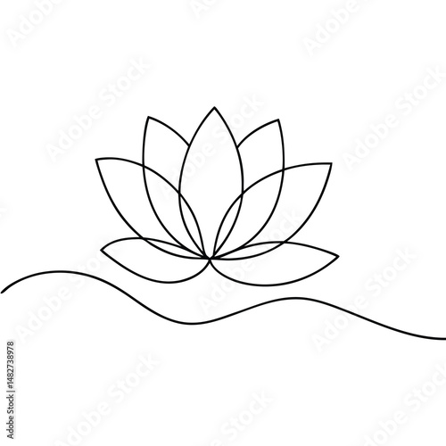 Minimalist Single Line Lotus Flower Rising Above Water Illustration on White Background