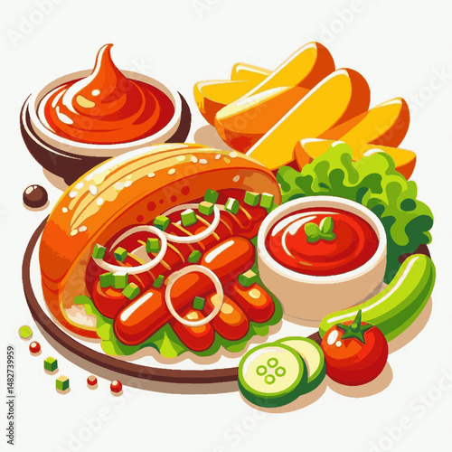 Cartoon hot dog plate sausages onions potatoes ketchup cucumber  tomato