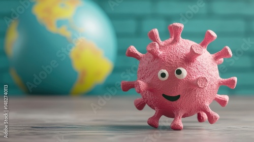 Cute Cartoon Virus Character with World Globe in Soft Focus Background