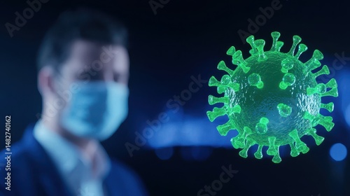 Man in Mask with 3D Model of Virus in Dark Background