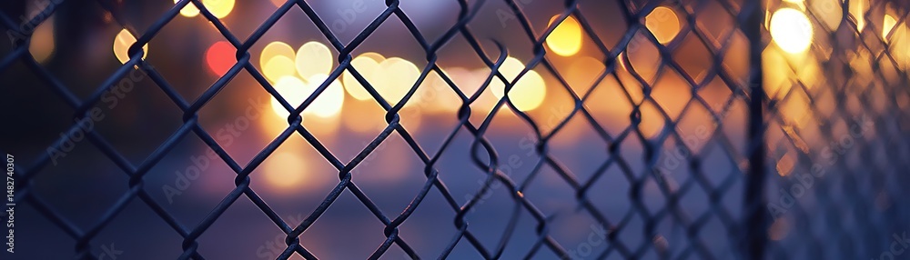 Fototapeta premium Urban nightscape through chain link fence city lights photography evening close-up artistic perspective