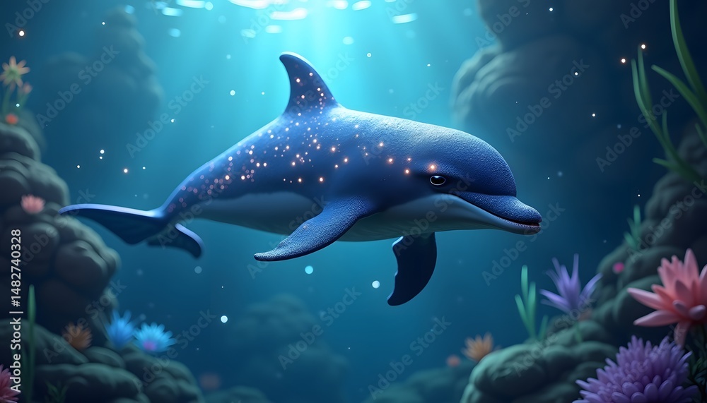 Fototapeta premium Dolphin swimming with glowing stars