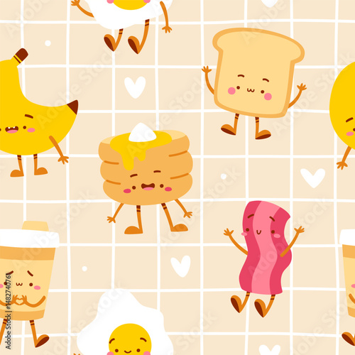 Cute breakfast food pattern. Seamless vector print with morning food.
