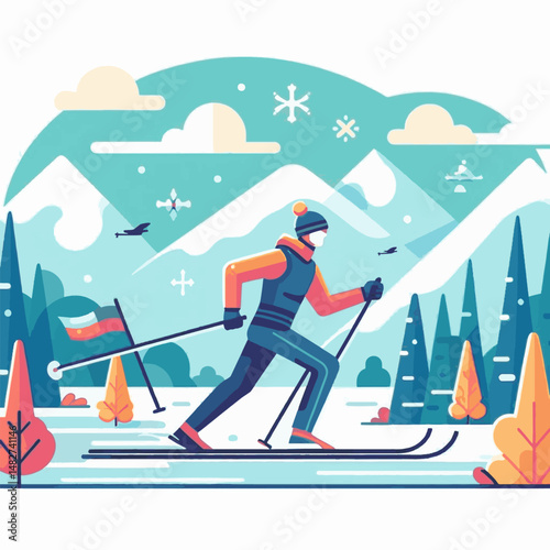 Crosscountry skiing lone skier gliding through snowy landscape with mountains and forests