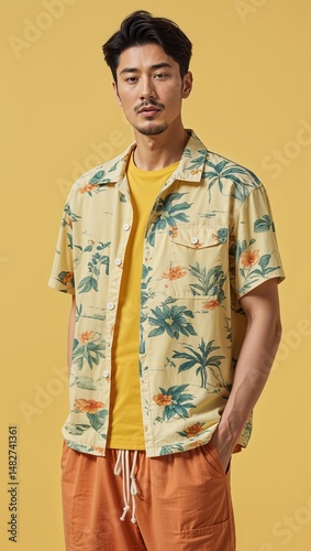 Chinese male adult wearing summer casualwear on a busy street market background