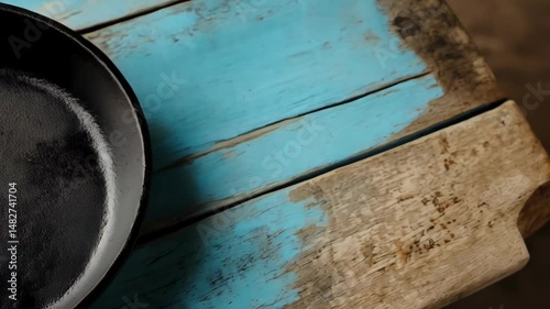 Wallpaper Mural Empty black cast iron skillet sitting on weathered blue painted wooden boards with texture, top-down view perfect for food preparation concepts Torontodigital.ca