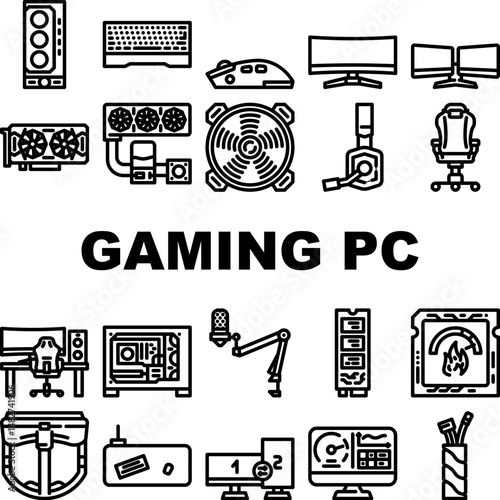 gaming pc hardware processor icons set vector