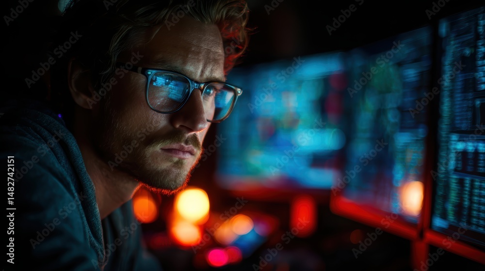 A male cybersecurity professional reviews live data feeds, adjusting firewall settings to protect sensitive data from cyberattacks. A male cybersecurity professional reviews live data feeds, adjusting firewall settings to protect sensitive data from cyberattacks.