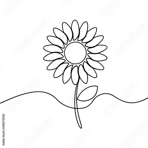 Continuous single line drawing of sunflower blossom with stem and leaves