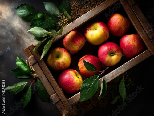 A rustic food photography scene of ripe red apples in a vintage wooden box, shot from above against a dark, textured background. The apples have a vibrant red and yellow gradient color, with fresh gre