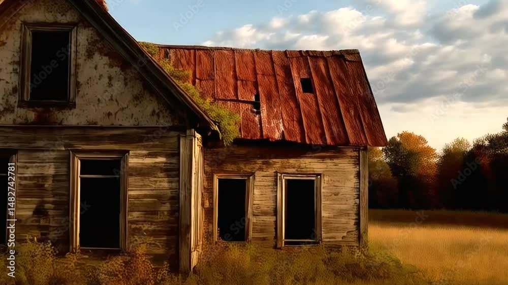 Abandoned farmhouse in a golden field. Abandoned farmhouse in a golden field.