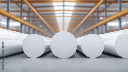 White Cylinders in Industrial Warehouse Interior Background