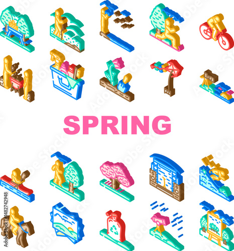 spring spend time blossom picnic icons set vector