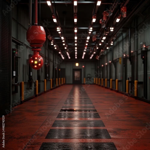 Dimly Lit Industrial Hallway with Red Accents and Ceiling Lights