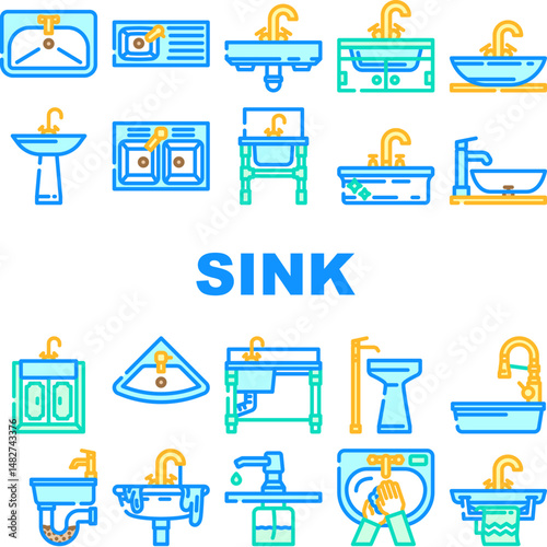 sink kitchen bathroom icons set vector