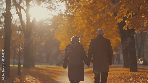 An elderly couple walks hand in hand down a sunlit path in a park during autumn, surrounded by golden leaves and the warm glow of sunset.