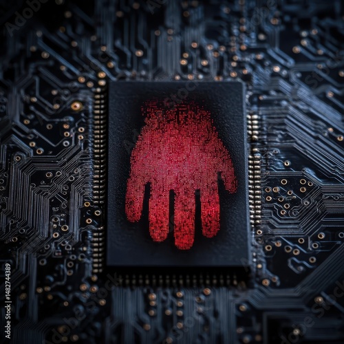 Digital Hand Print on Circuit Board Symbolizing Technology and Security