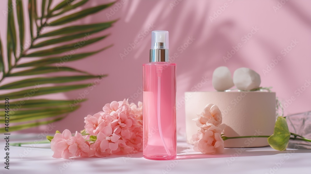 Pink bottle of skincare product surrounded by flowers and natural elements in a soft, pastel setting