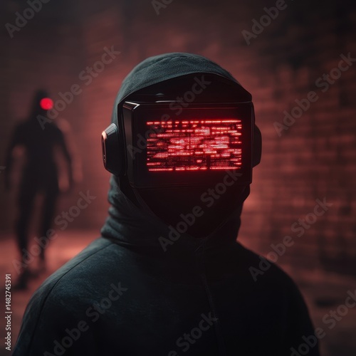 Cyberpunk Figure in Dark Environment with Glowing Helmet Display