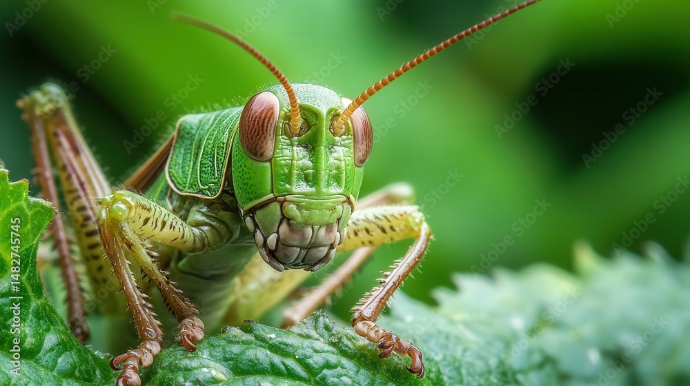 grasshopper is shown gripping a leaf tightly with its legs as it eats, the image focused on its mandibles and antennae grasshopper is shown gripping a leaf tightly with its legs as it eats, the image focused on its mandibles and antennae