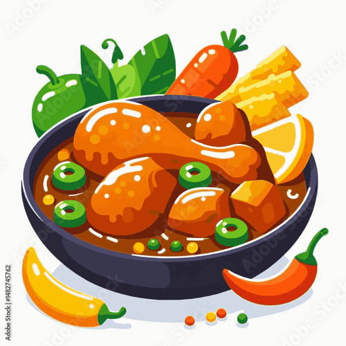 Vibrant chicken curry bowl with peppers carrot  lemon  a savory cartoon delight