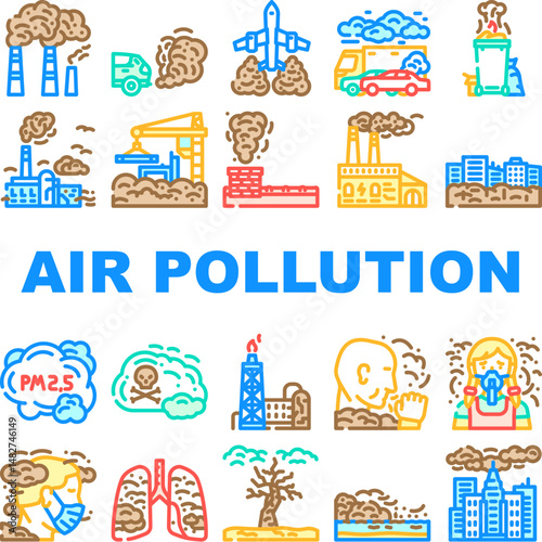 air pollution smog emissions icons set vector