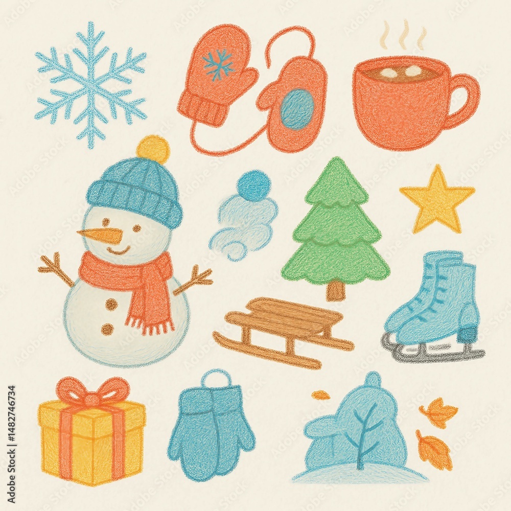 Fototapeta premium Winter Clipart Set – Cute Colored Pencil Snow Season Elements