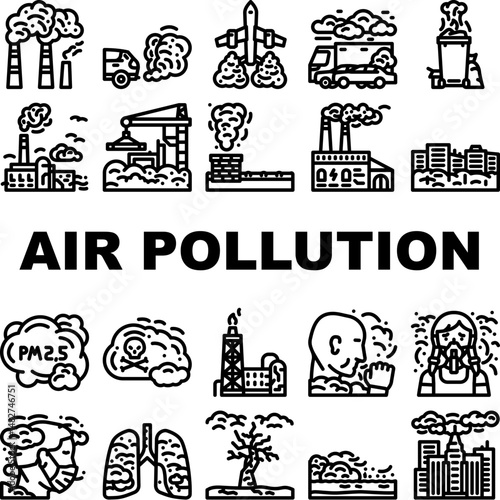air pollution smog emissions icons set vector