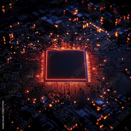 Futuristic Circuit Board with Glowing Elements and Dark Background