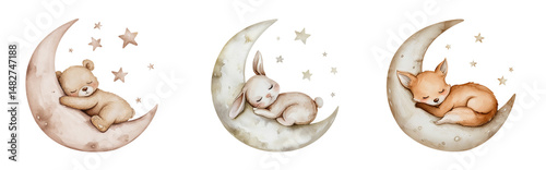 Set of little sleeping animal. Bear, rabbit, fox on moon among stars. Cute watercolor illustration, pastel colors. Isolated clipart with clear even edge on transparent background