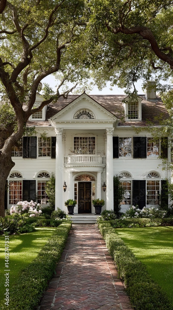 Elegant white house with a grand portico, nestled amongst lush greenery Elegant white house with a grand portico, nestled amongst lush greenery