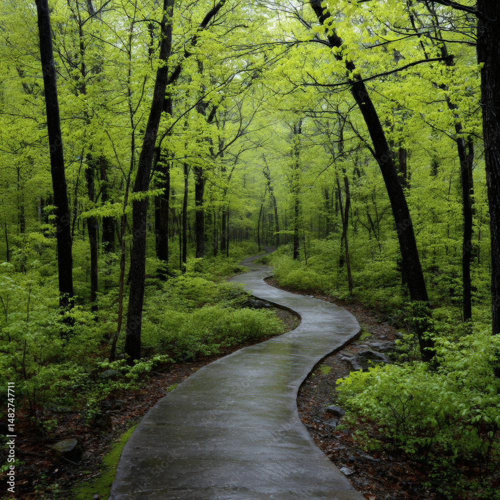 Obraz premium A wet, meandering pathway guides through a vibrant, green forest, filled with lush trees.