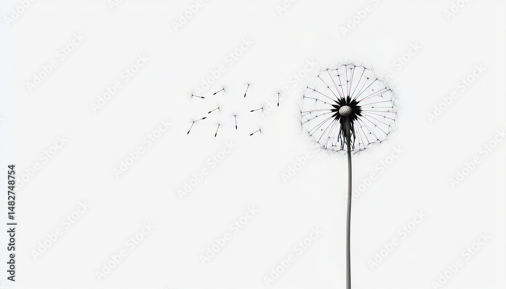 Fototapeta premium Dandelion with soft seeds blowing in the wind, isolated to symbolize change and renewal in floral-inspired creative projects.