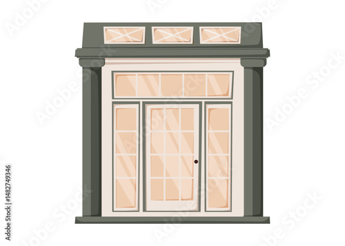 Elegant glass front door with dark columns and transom windows. Vector cartoon isolated illustration of modern vintage entrance for architectural design, real estate, and decorative use.