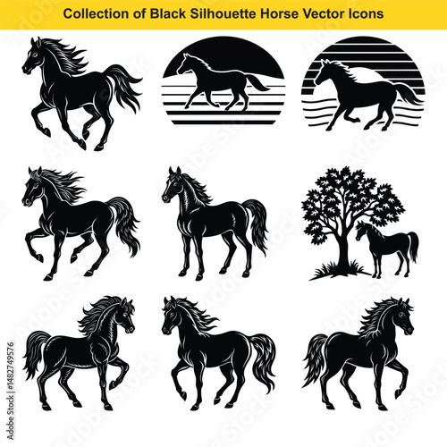 Collection of elegant black horse silhouette vector icons depicting grace and strength on white