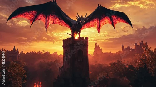 Majestic dragon soars over medieval castle amidst fiery sunset
