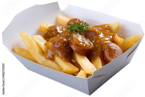 Freshly fried chips paired with sliced sausage smothered in rich curry sauce presented as a takeaway street meal