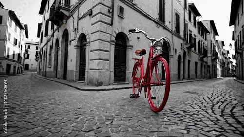 A classic red bicycle sits on a cobblestone road in the old town, captured in black and white hues