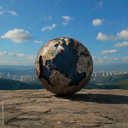 Surreal Earth Globe on Rocky Landscape with Urban Background View