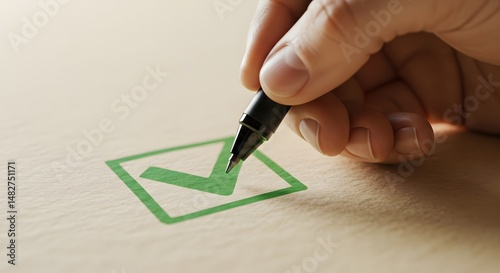 Drawing a Checkmark with Pen on Paper Approval Concept