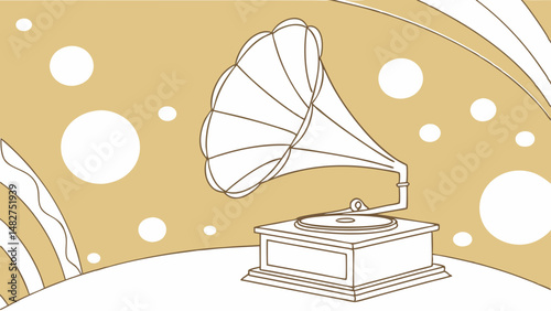 Vector vintage gramophone with large horn sits elegantly against golden background, surrounded by abstract shapes, evoking nostalgia