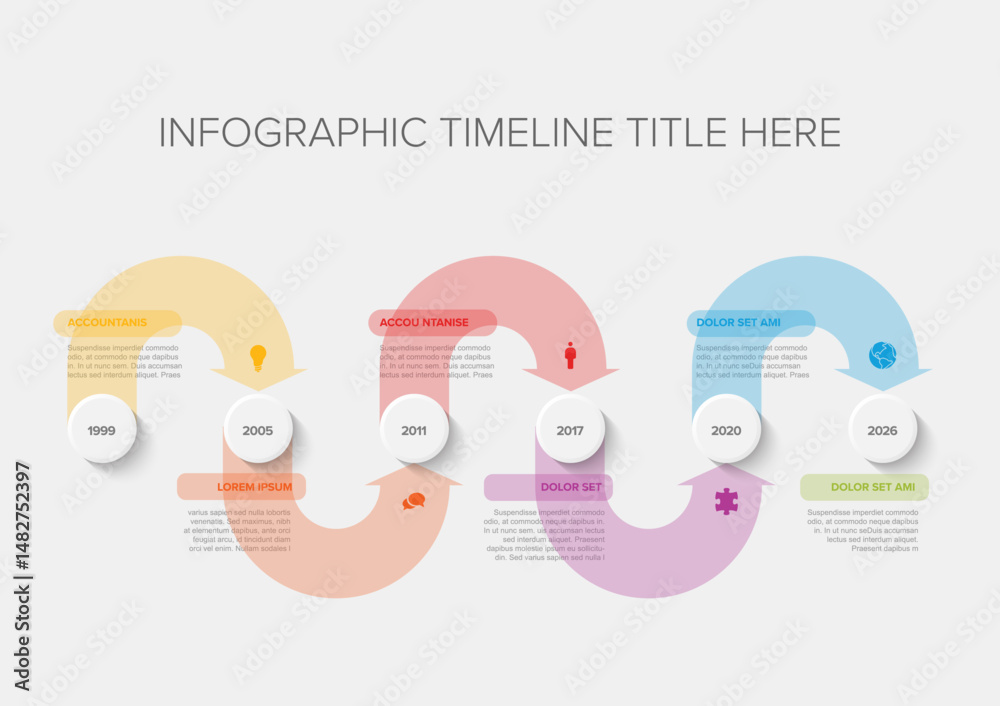 A clean, effective infographic timeline template for clear data visualization. Modern infographic timeline illustrates a process, history, or project steps with milestones and dates.