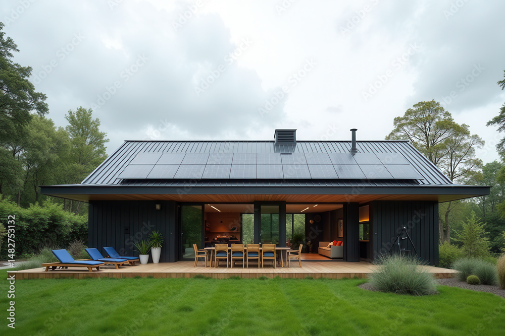 Obraz premium Modern Solar Powered House, Eco Friendly Sustainable Architecture, Clean Energy Living