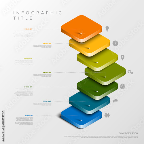 A visually appealing 3D layered stack infographic design featuring colorful steps. This layered infographic illustrates a multi-step process or timeline, perfect for presenting sequential information.