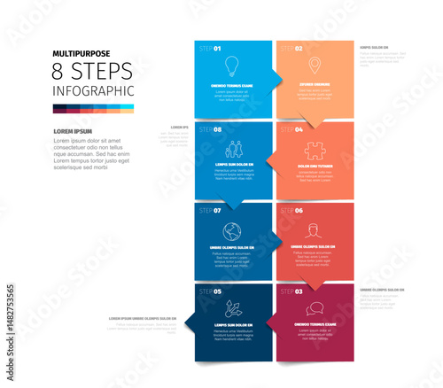 A versatile infographic template showing 8 steps vertically for business presentations. This modern infographic design is ideal for presenting a process or options in steps clearly.