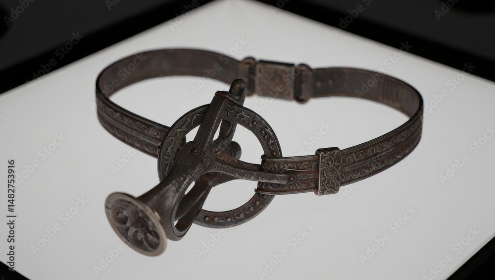 Obraz premium Photorealistic Medieval Chastity Belt with Intricate Engravings on White Background